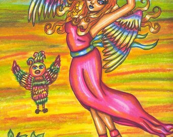 rainbow angel original art print big eye girl markers drawing fantasy fairytale outsider art By Elizavella
