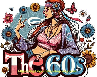 1960s hippie woman png clipart, womans face png jpg printable art digital download
