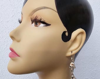 silver skull earrings, ghost earrings, halloween earrings, handmade unisex jewelry, metal, long dangles, goth, punk,