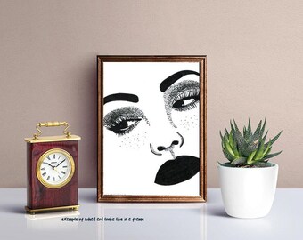 freckle face woman portrait art, original ink drawing makeup beauty artwork