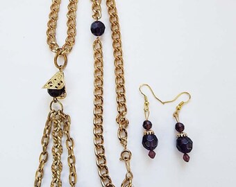 purple glass bead drop necklace earrings set gold plated chain handmade  jewelry