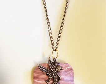 bronze fairy charm necklace brown stone pendant chain gemstone marble handmade fairie jewelry