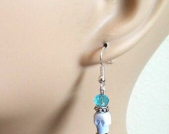 blue sugar skull earrings bead drop earrings day of the dead handmade beaded jewelry