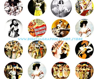 vintage burlesque dancers collage sheet women dancing pinups digital download 1.5" inch circle images printables