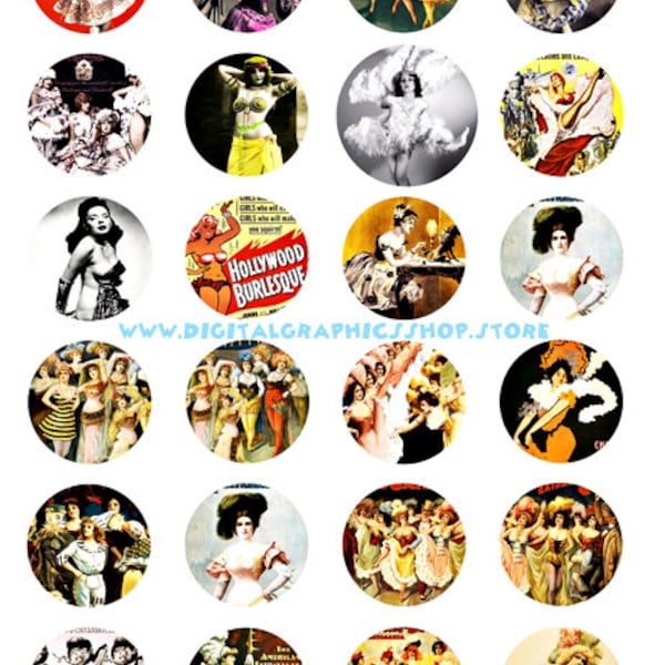 vintage burlesque dancers collage sheet women dancing pinups digital download 1.5" inch circle images printables