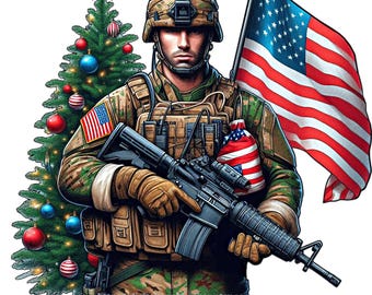 American soldier with USA flag and Christmas tree png patriotic art logo military vet clipart America Proud jpg download printable