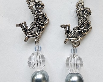 dancing skeleton earrings gray pearl beads earrings day of the dead halloween goth biker handmade jewelry