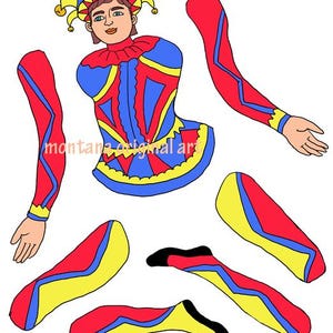 May include: A colorful, cartoon-style illustration of a jester figure, with separate body parts. The jester wears a blue, red, and yellow outfit with a matching hat. The image includes the text "montana original art" and "jpg, pdf, png".