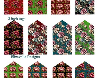 floral tags printables, flower pattern tags collage sheet, clipart, 1.6" x 3" digital instant download