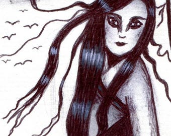 Windy day woman original aceo art pen ink drawing mini portrait ATC card Elizavella