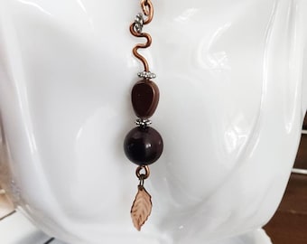 copper wire brown beads NECKLACE leaf charm cord handmade jewelry
