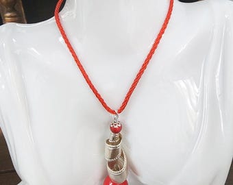 Big red bead NECKLACE twisted metal PENDANT cord handmade chunky artsy jewelry