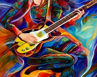 woman playing guitar abstract original art l 8x10 inch semi gloss music art print