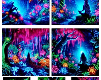 neon forest goddess art collage sheet  4" inch and 3.5 inch squares digital download fantasy fairytale printables