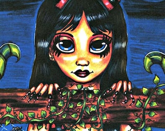 fantasy original elf girl art print Beyond the Barrier original art print, fantasy fairytale art, original drawing, big eye girl goth art