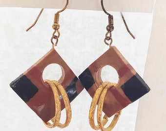 brown and black diamond shape wood earrings dangles handmade jewelry