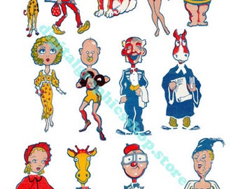 silly cartoon characters people animals men women clipart digital collage sheet instant download scrapbook journal craft printables