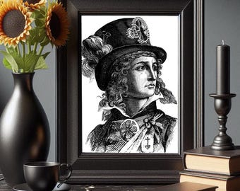 steampunk man art print, black and white illustration, vintage 1800s, victorian drawings, altered art, top hat, face portrait