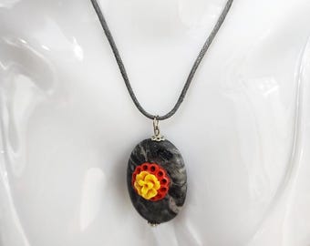 gray marble oval gemstone necklace stone flower pendant cord handmade jewelry