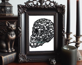 skull original art drawing, hand drawn dark horror art, trapped souls markers ink illustration black and white Elizavella