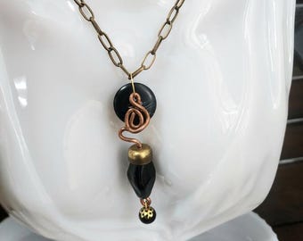 copper wire big black bead long NECKLACE bronze chain handmade jewelry