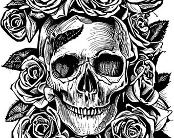 human skull and roses png, day of the dead png, mans skull png, transparent png clipart, goth biker, instant digital download, printable