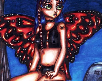 teen goth butterfly fairy in graveyard original art drawing fairytale fantasy art print