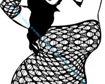 big girl pinup svg vector, plus size pinup girl png clipart, fishnet body stocking, big woman digital printable art instant download