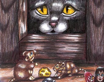 gray Tabby cat spying on mice and fairy original art print, fantasy fairytale prints original colored pencil drawing