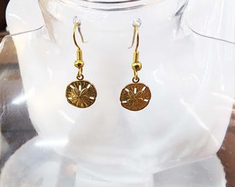 vintage brass sand dollar charm earrings, dangles metal handmade minimal jewelry