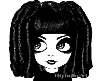 big eye gothic girl original art print ringlet curly hair big eyes modern art ink drawings black and white art 8" x 10"