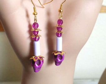 purple turquoise skull earrings, sugar skull earrings, day of the dead, Halloween, calaveras, skull bead drops