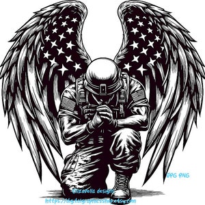 May include: Black and white illustration of a soldier kneeling in prayer with American flag wings behind them. The soldier is wearing a helmet and military uniform. The text "OPG PNG" is in the bottom right corner.