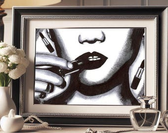 womans face putting on lipstick original art ink beauty drawing by Elizavella