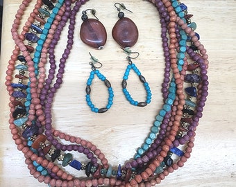 3 piece beaded jewelry lot, necklace, earrings, wood beads, stone beads