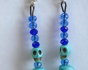 blue sugar skull long bead drop earrings dangles day of the dead goth Halloween  jewelry