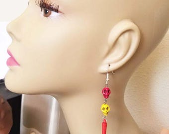 red yellow sugar skull bead earrings day of dead jewelry long dangles handmade