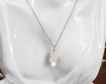 rose quartz  bead drop gemstone necklace silver chain handmade minimal jewelry