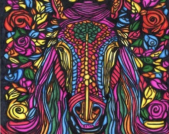 horse head markers original drawing, abstract animal art, stained glass style art by Elizavella