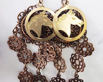 horse flowers chandelier earrings gold gorse charms copper drop dangles handmade jewelry