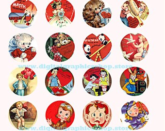 Vintage Valentines, children clipart, digital instant download, craft printables, 1.5 inch circles, collage sheet, images to print