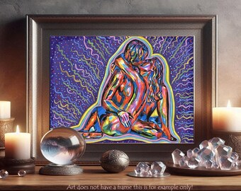 abstract man AND woman original art painting, abstract Drawing, Nude couple kissing, colorful LOVERS artwork