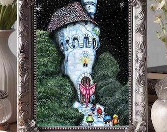 castle ORIGINAL art painting, fantasy paintings, Enchanting Invitation, witch, elf children, landscape trees, fairytale paintings