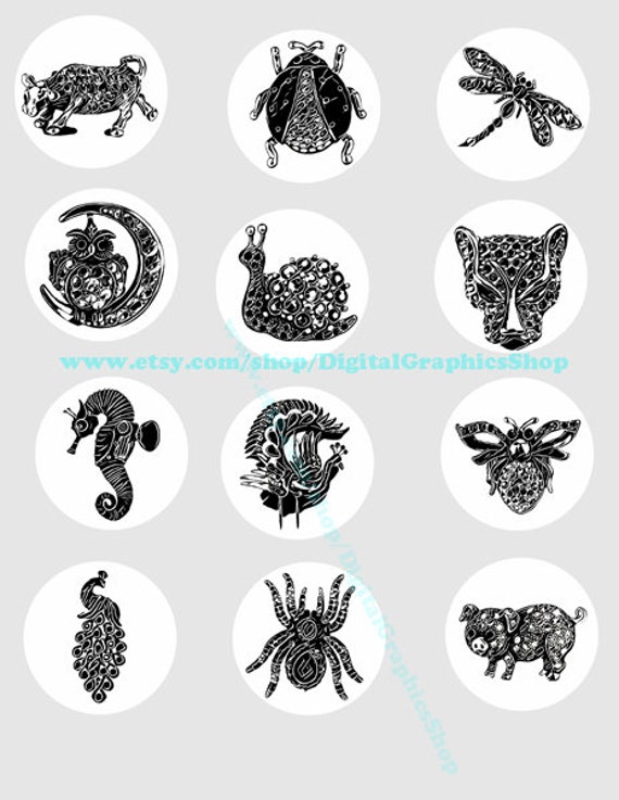 jewelry abstract ink drawings, animals, bugs, digital print ,collage sheet, 2 inch circles, clipart,instant download, printables