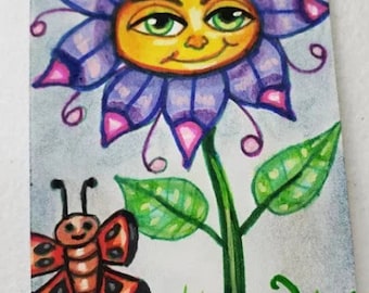 Happy Face flower butterfly painting aceo original art atc acrylics markers fantasy fairytale art