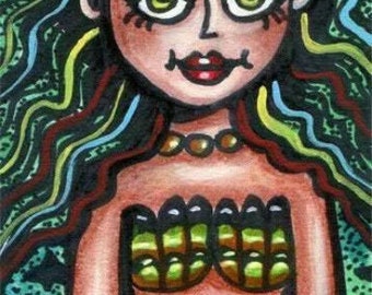 original aceo art mermaid drawing fantasy big eye abstract fairytale markers miniature artwork