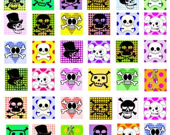 digital download collage sheet cartoon skulls polka dots day of the dead clipart 1 inch squares images printables diy pendant jewelry making