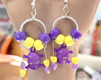 day of the dead hoop earrings purple pirate skull dangles goth bead handmade jewelry