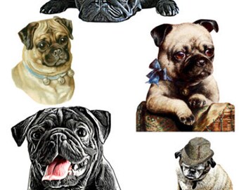 modern and vintage pug dogs images, puppies, printable stickers art, clipart, cut outs die cuts, digital print, instant download,