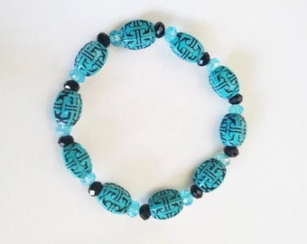 blue black beaded bracelet stretch acrylic glass bead western boho jewelry new